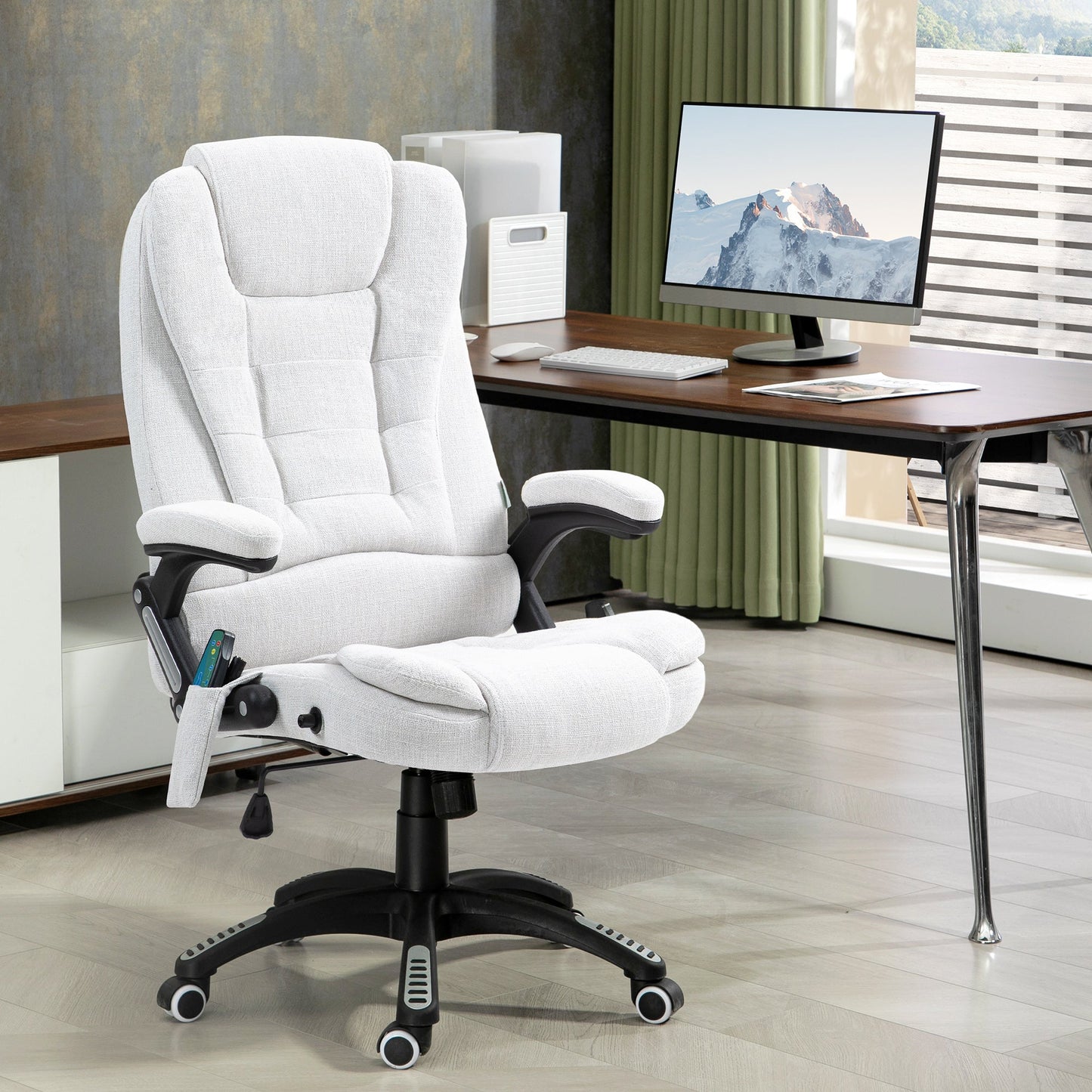 Vinsetto Massage Recliner Chair Heated Office Chair with Six Massage Points Linen-Feel Fabric 360\'c2\'b0 Swivel Wheels Cream White