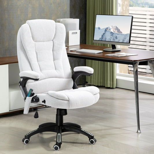 Vinsetto Massage Recliner Chair Heated Office Chair with Six Massage Points Linen-Feel Fabric 360\'c2\'b0 Swivel Wheels Cream White