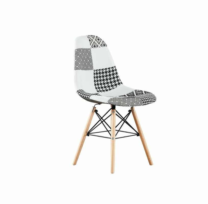 Black/White Patchwork Modern Dining Chair with Wooden Legs & Black Metal Wire Frame