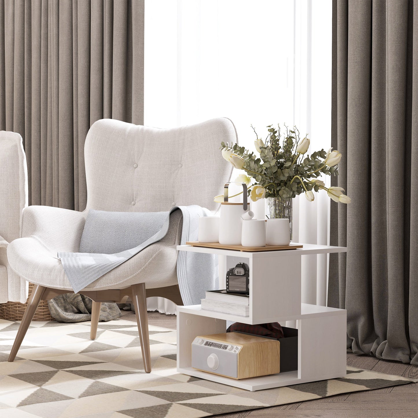 HOMCOM Set of 2 Side Table, Square Coffee Table, Modern End Table with 2 Tier Storage Shelves for Living Room, Bedroom, White