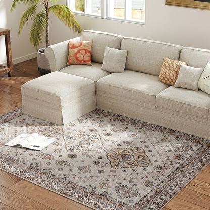 HOMCOM Vintage Area Rug, Non-Slip Washable Rug, Flannel Floor Carpet for Living Room, Bedroom, Dining Room, Home Office, 230 x 160 cm, Beige