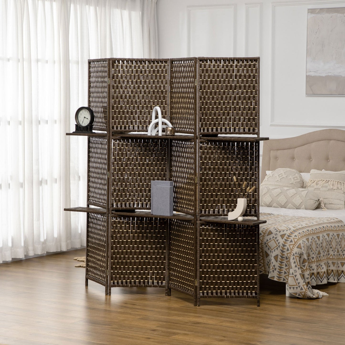 HOMCOM 4-Panel Room Dividers with Shelves, Wave Fibre Freestanding Folding Privacy Screen Panels, Partition Wall Divider for Indoor Bedroom Office, 180\'c2\'a0cm, Brown