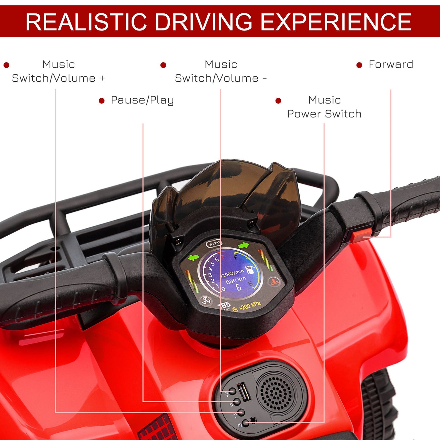 HOMCOM 6V Kids Electric Ride on Car Toddlers Quad Bike All Terrain Vehicle Toy With Music for 18-36 months Red