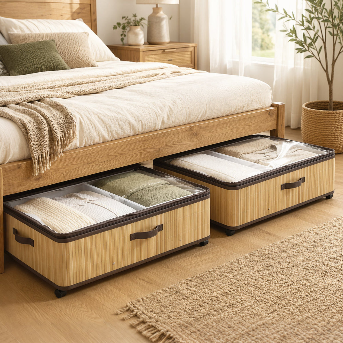 HOMCOM 60L Under Bed Storage with Wheels Pack of 2, Underbed Storage Box with Clear Lid Cover and Reinforced Handle, Natural