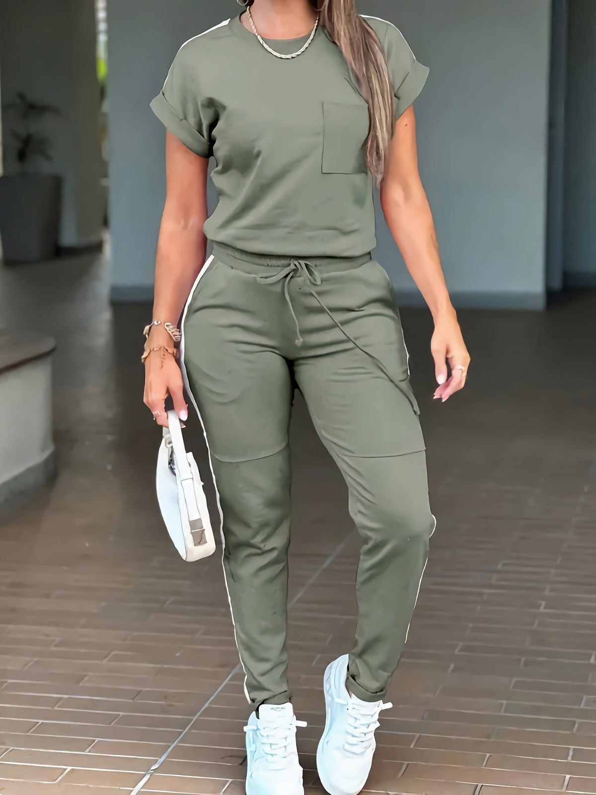 Women's Solid-Color Two-Piece Sports And Leisure Suit