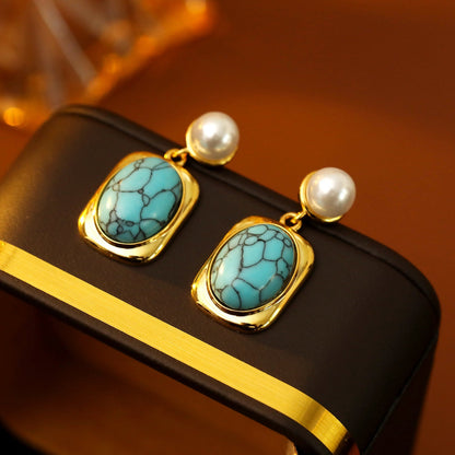 French Vintage Oval Turquoise Pearl Earrings