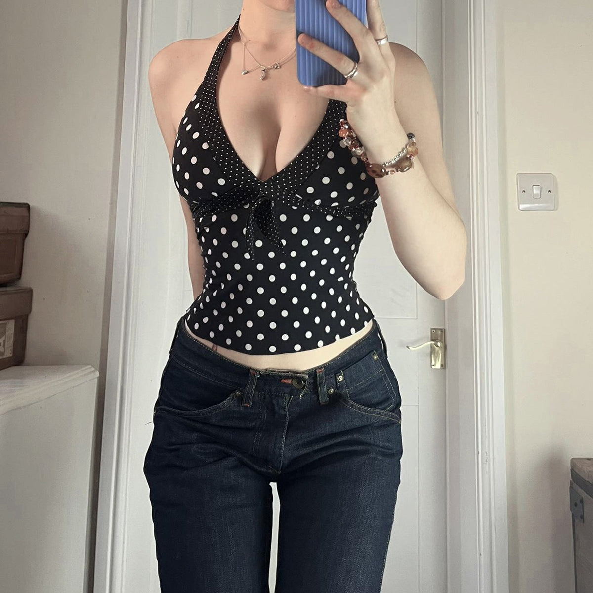 European And American-style Spicy-girl V-neck Figure-flattering Polka-dot Halter Vest