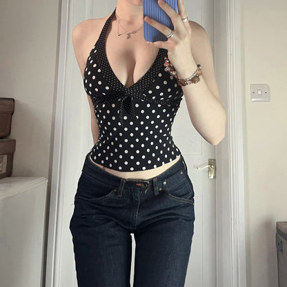 European And American-style Spicy-girl V-neck Figure-flattering Polka-dot Halter Vest