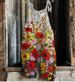 Women's Vintage-print Suspender Pants