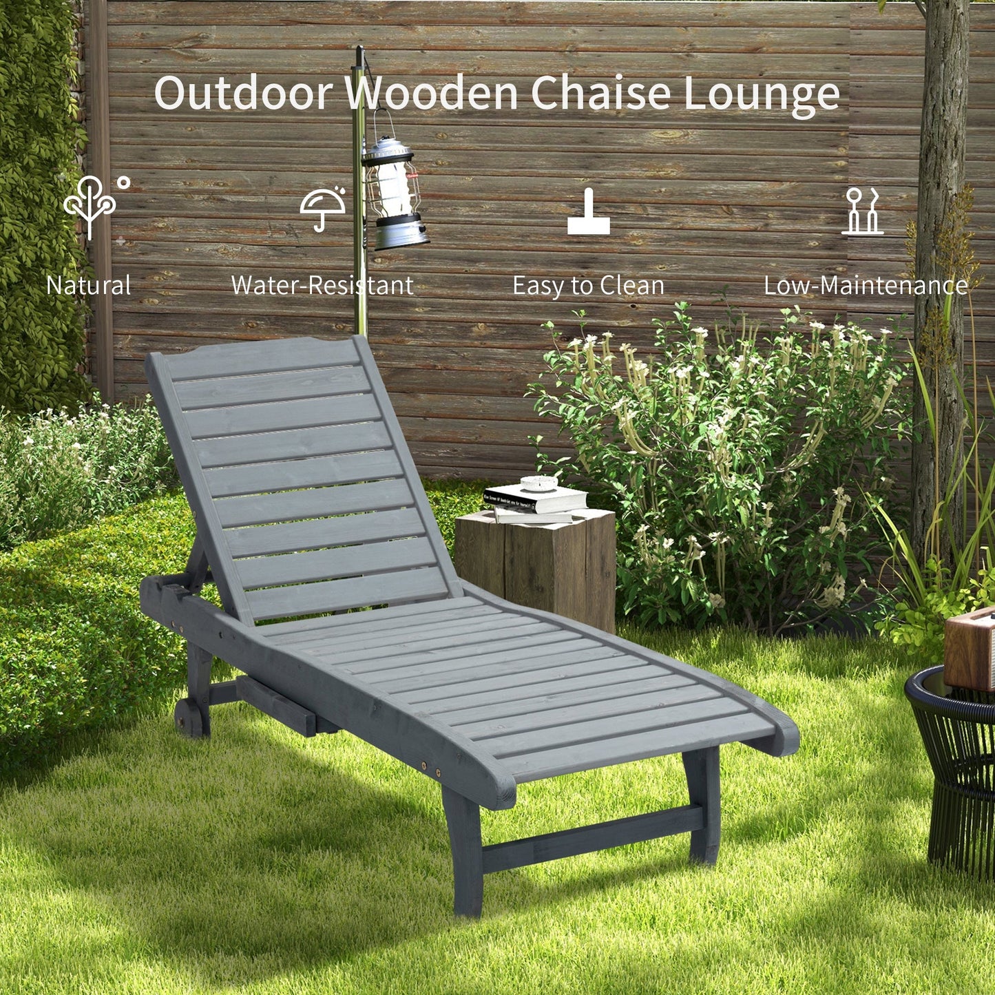 Outsunny Garden Patio Sun Lounger, Outdoor Wooden Sun Bed with Built-In Table, Reclining Backrest and Rolling Wheels for Sunbathing, Grey