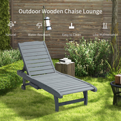 Outsunny Garden Patio Sun Lounger, Outdoor Wooden Sun Bed with Built-In Table, Reclining Backrest and Rolling Wheels for Sunbathing, Grey