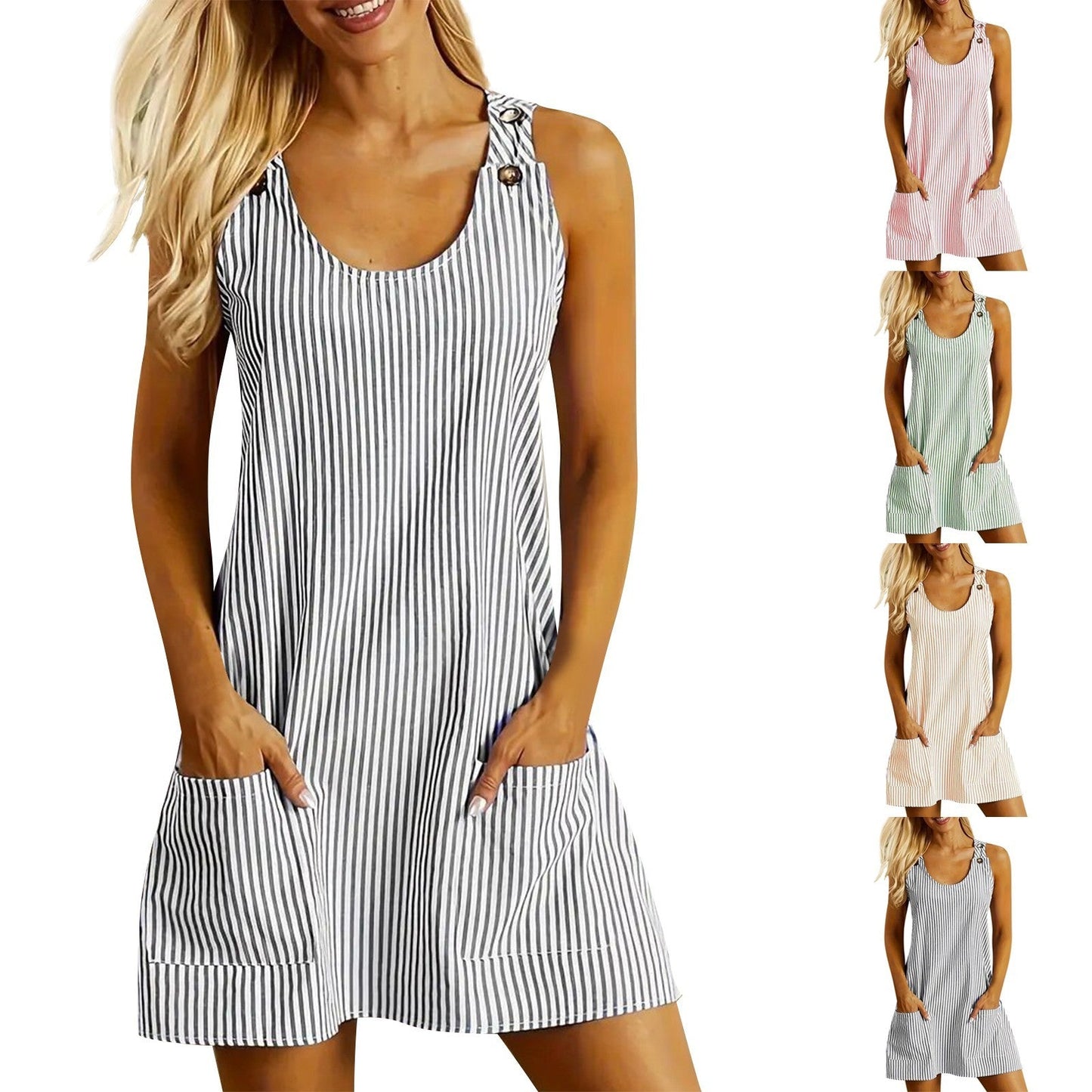Summer Fashion Striped Patchwork Commuting U-Neck Sleeveless Pockets Back Button Casual Straight Slimming Mini Dress For Women