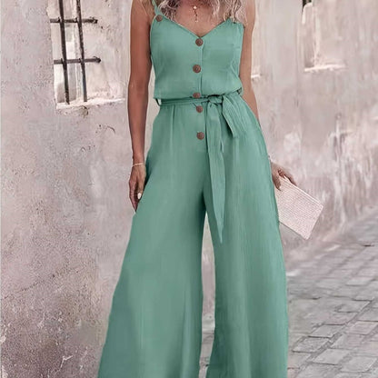 Women's Solid Color Buttons Drawstring Wide Leg Loose Jumpsuit