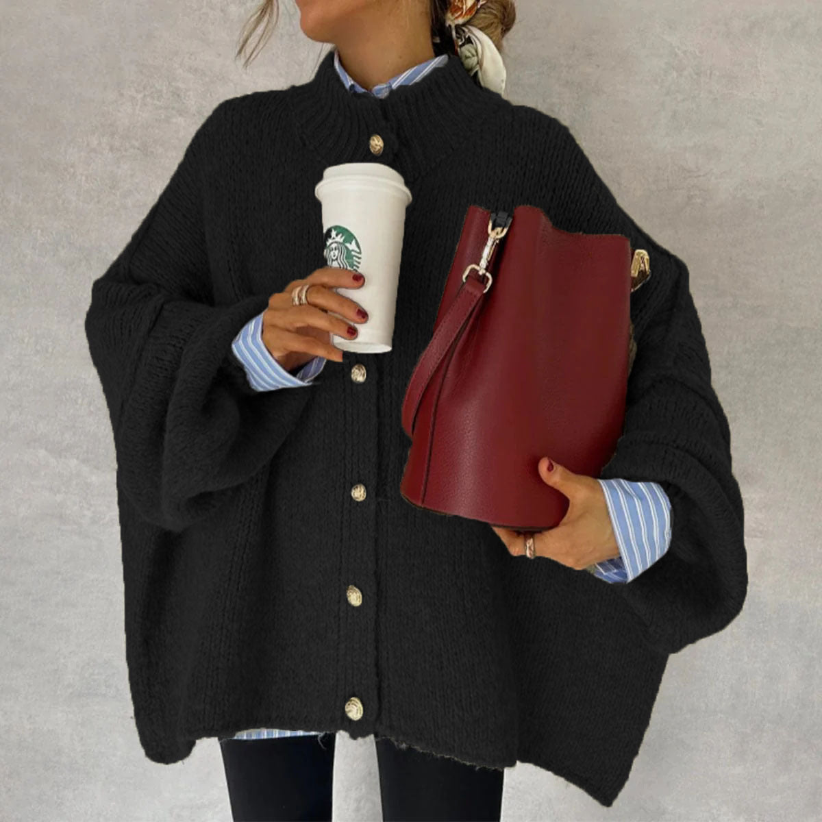 Autumn Winter Solid-Color Casual Knitted Cardigan With Buttons And Oversized Sleeves