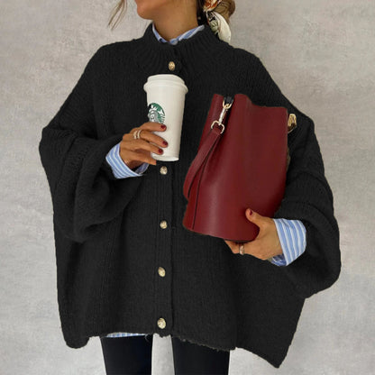 Autumn Winter Solid-Color Casual Knitted Cardigan With Buttons And Oversized Sleeves