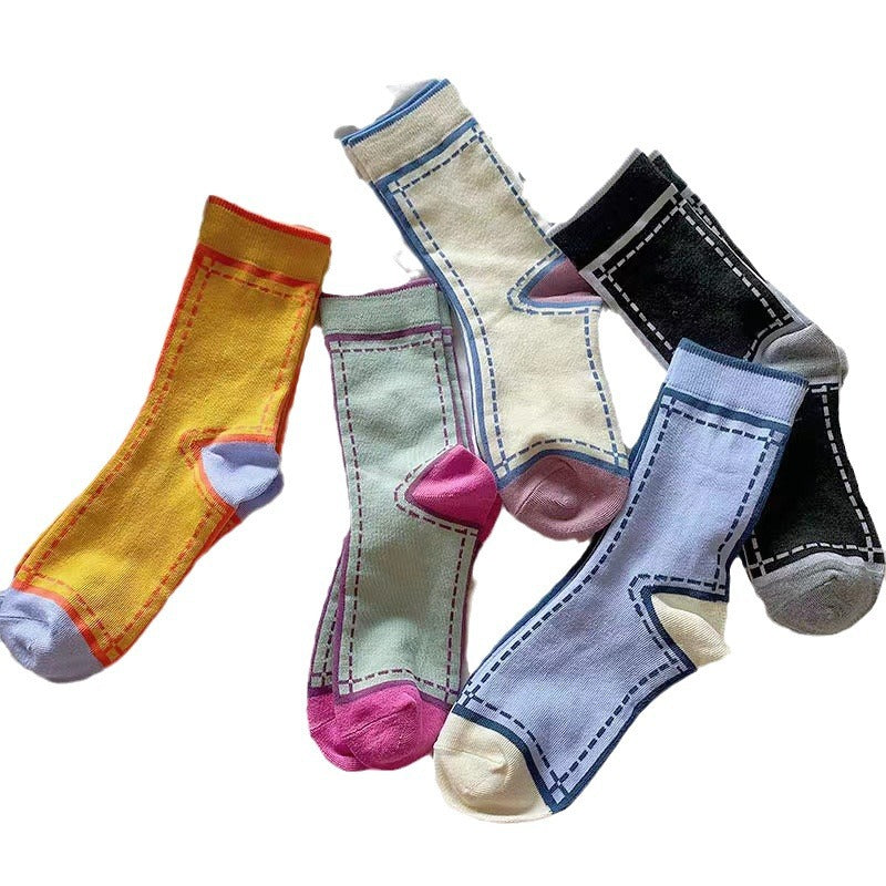 Women's Colorful Mid-calf Socks With Color-blocking Design