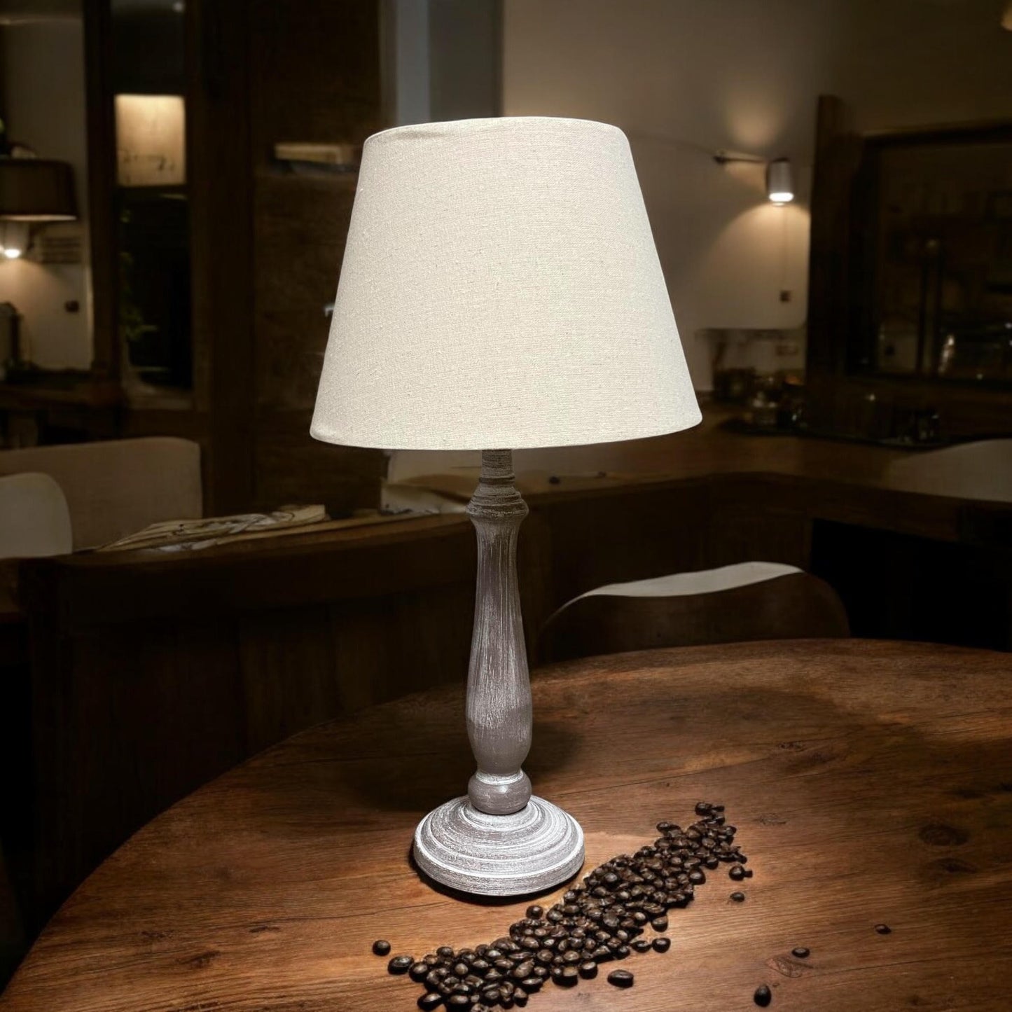 AcaciaHome Stylish & Elegant Tall Wooden Beige Washed 45cm Table Lamp with Taupe Linen Shade – Energy-Efficient E27 Bulb with Shabby Chic Lighting for Bedroom, Living Room & Office