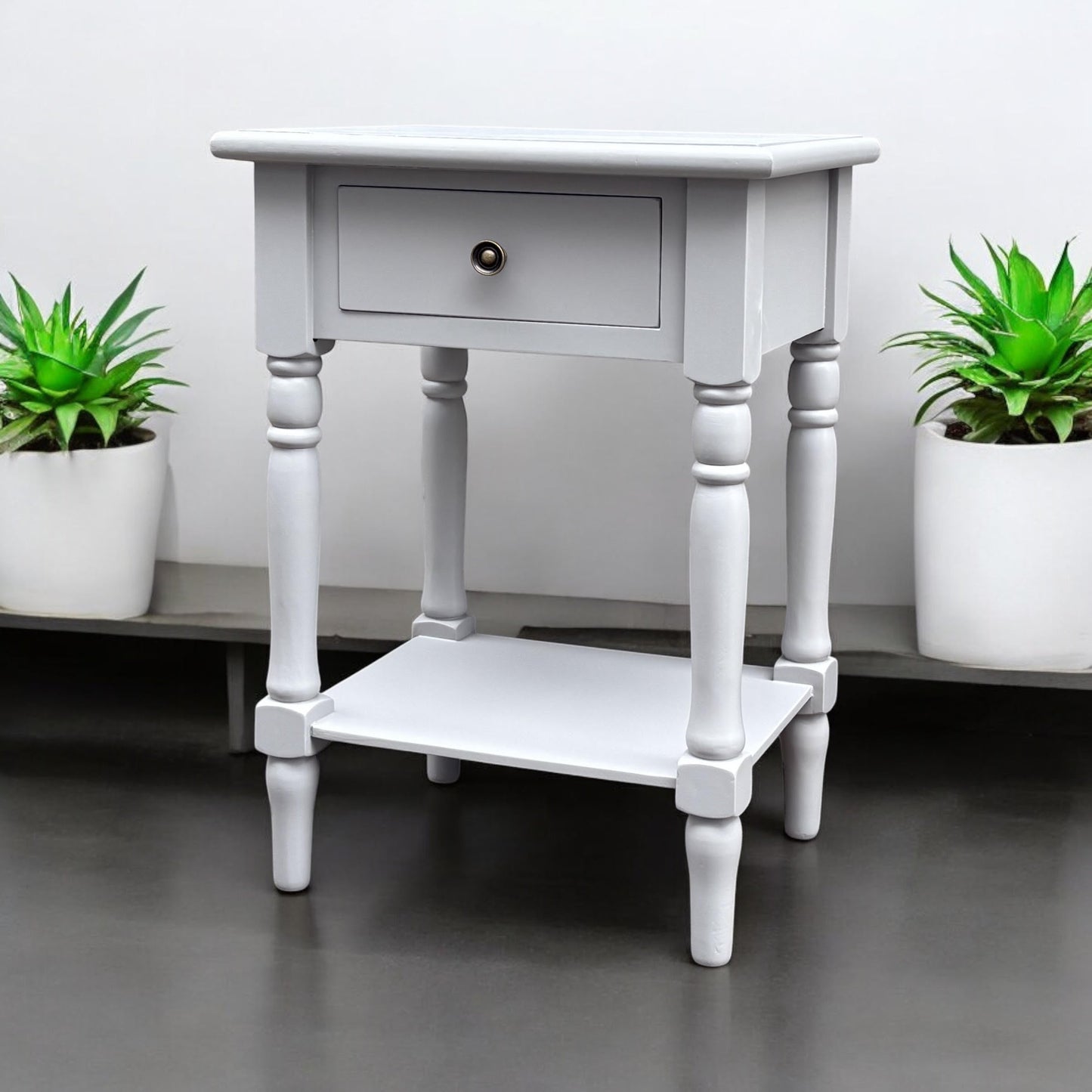 Modern and Stylish Bedside Wooden Side Table with 1 Drawer and Shelf - Sleek Art Deco Solid Pine Wood Side Tables with Storage for Home, Office, Living Room, and Hallways Decor (Solid, Grey)