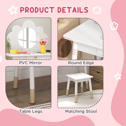 AIYAPLAY Kids Dressing Table with Mirror, Stool, Drawer, Cloud Design, White
