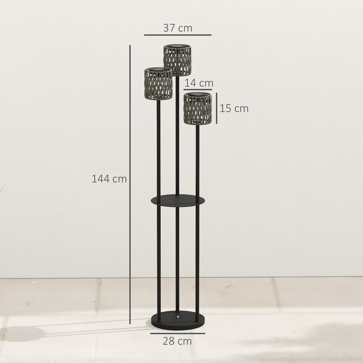 Outsunny Boho Rattan Floor Lamp, 3-Lights Rattan Lamp with Shelf, Freestanding Solar Garden Light with Auto On/Off Lights, Grey