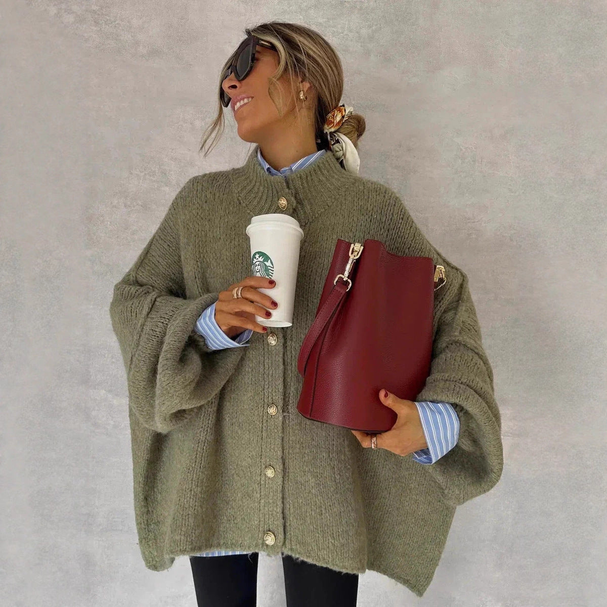 Autumn Winter Solid-Color Casual Knitted Cardigan With Buttons And Oversized Sleeves