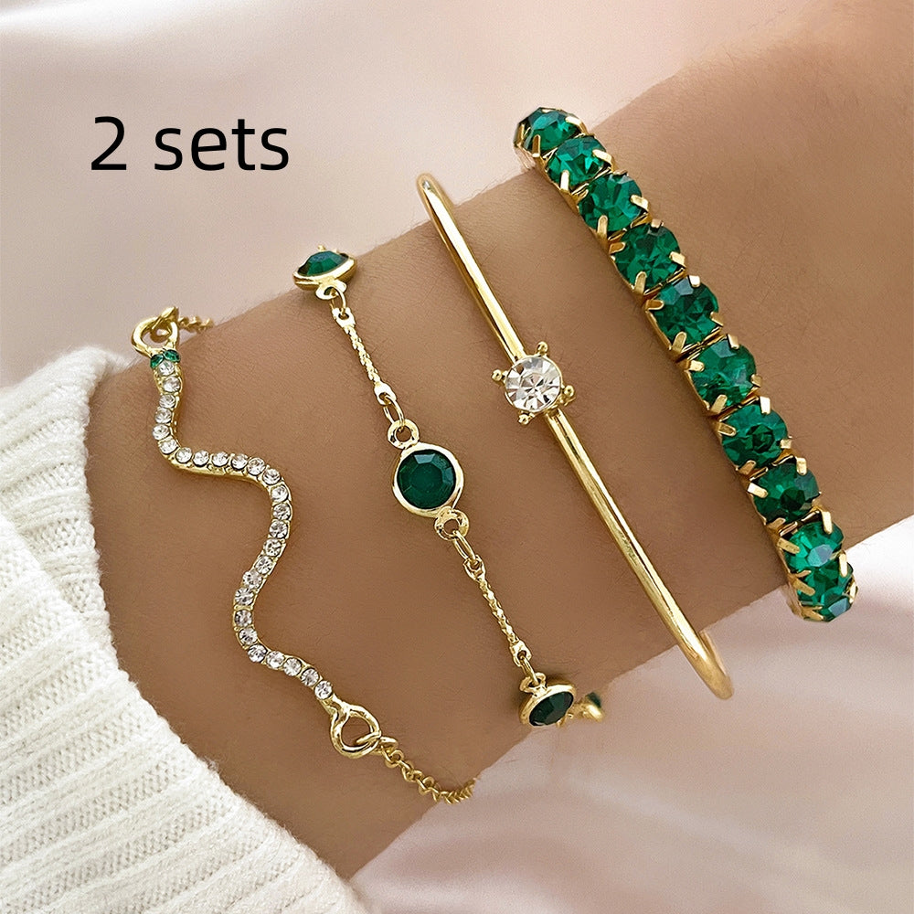 4pcs Bracelet Suit Fashion Green Grandmother Diamond Stretch Bracelet Women's Set