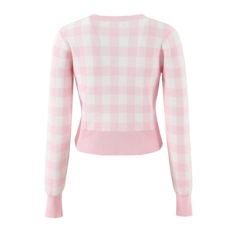 Women's Round Neck Plaid Knitted Cardigan Short Slim-fit Small Coat