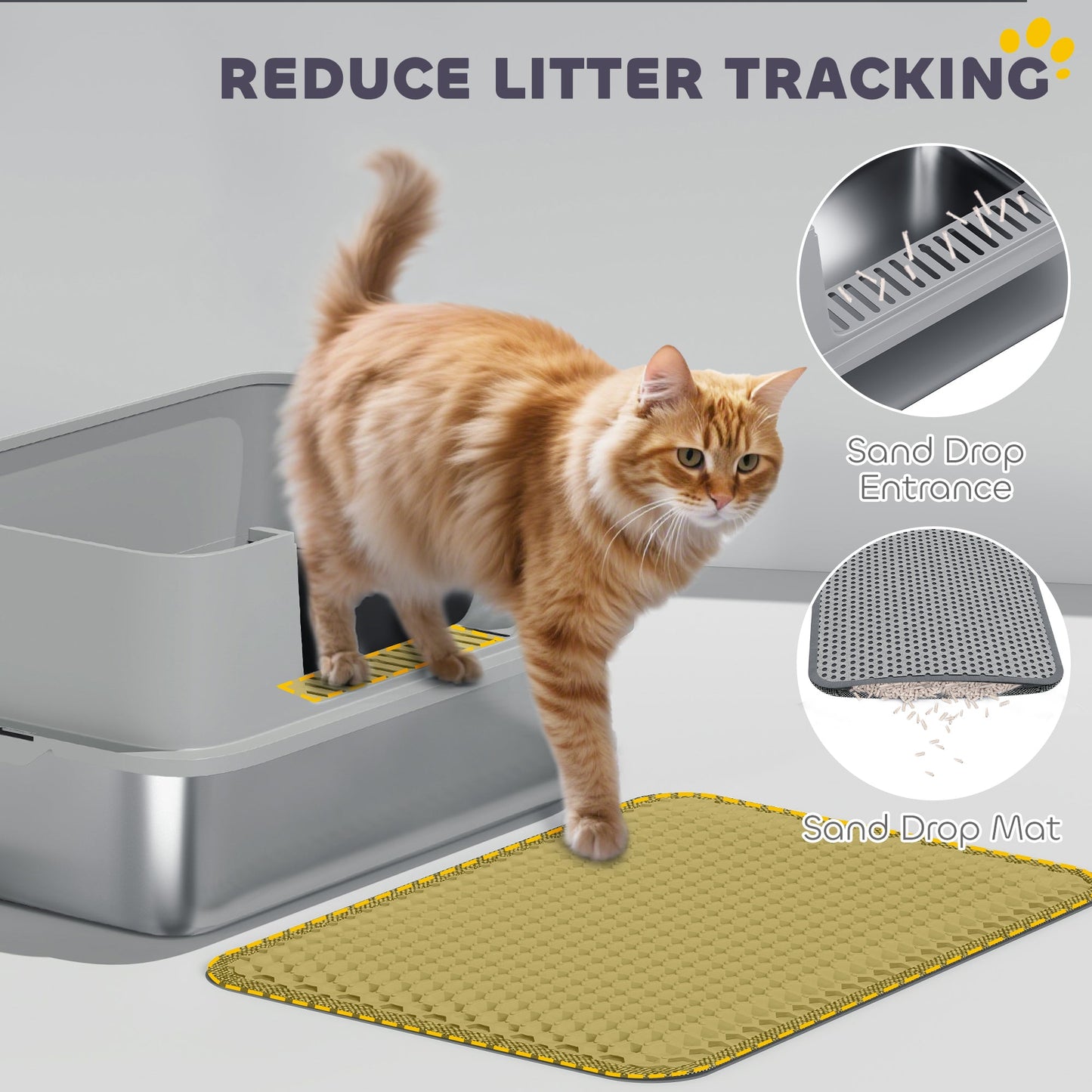 PawHut High Sided Stainless Steel Litter Box, Metal Cat Litter Tray with Metal Scoop, Litter Mat, Never Absorbs Odors, Grey