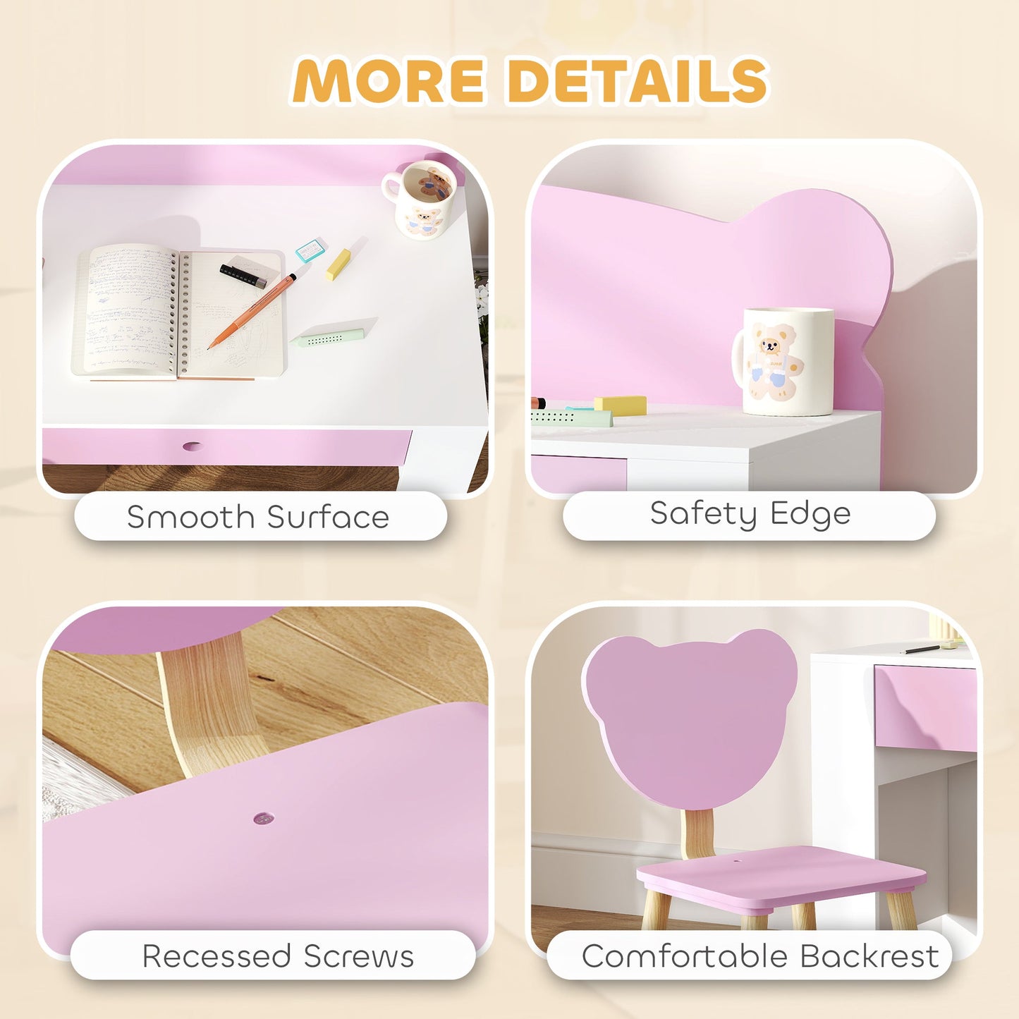 AIYAPLAY Kids Desk and Chair Set with Drawer for Drawing, Reading, Bear Theme Children Furniture for Bedroom, Daycare, Pink