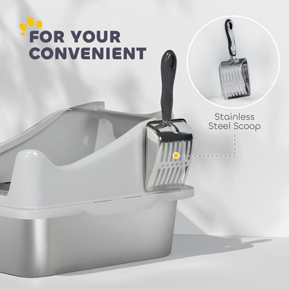 PawHut Stainless Steel Cat Litter Box with High Sides, Scoop, 43 x 33 x 25 cm