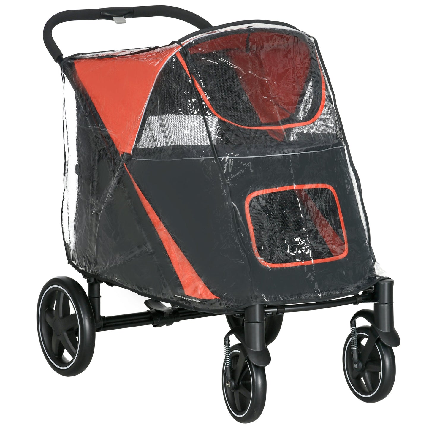 PawHut One-Click Foldable Pet Travel Stroller with Rain Cover, Cat Dog Pushchair with Universal Front Wheels, Shock Absorber, Storage Bags, Mesh Window, Safety Leash for Large and Medium Dogs (Red)