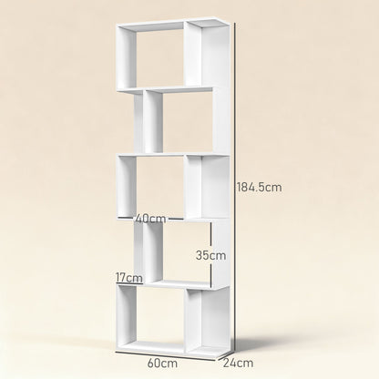 HOMCOM Bookcase, S-Shaped Wooden Bookshelf, 5 Tiers Freestanding Storage Shelf, Home Office Display Stand Rack, White