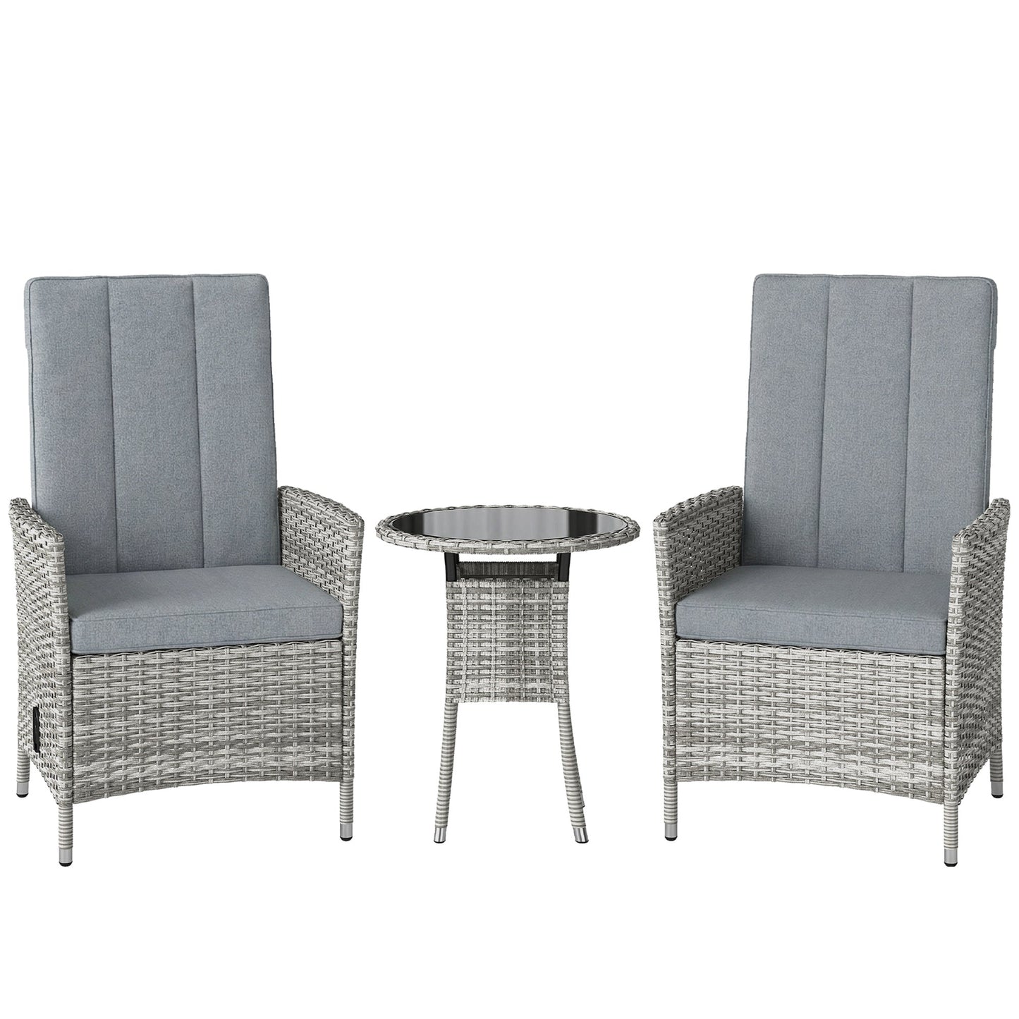 Outsunny Rattan Bistro Set, Reclining Garden Chairs and Glass Coffee Table with Cushions for Patio Balcony Porch, Light Grey
