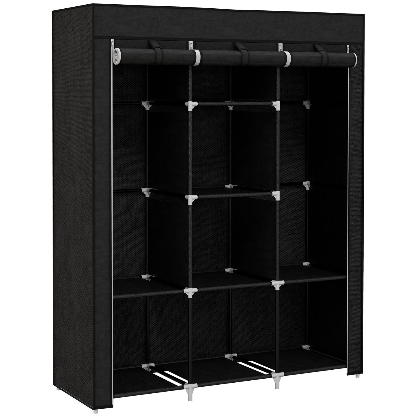 HOMCOM Fabric Wardrobe, Portable Wardrobe, Clothes Storage Unit with 8 Shelves, 2 Hanging Rods, 125 x 43 x 162.5 cm, Black