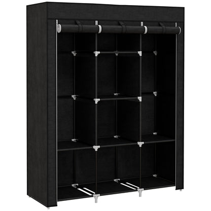 HOMCOM Fabric Wardrobe, Portable Wardrobe, Clothes Storage Unit with 8 Shelves, 2 Hanging Rods, 125 x 43 x 162.5 cm, Black