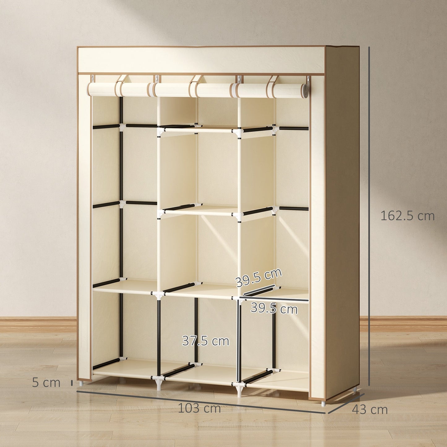 HOMCOM Fabric Wardrobe, Portable Wardrobe, Clothes Storage Unit with 8 Shelves, 2 Hanging Rods, 125 x 43 x 162.5 cm, Cream White