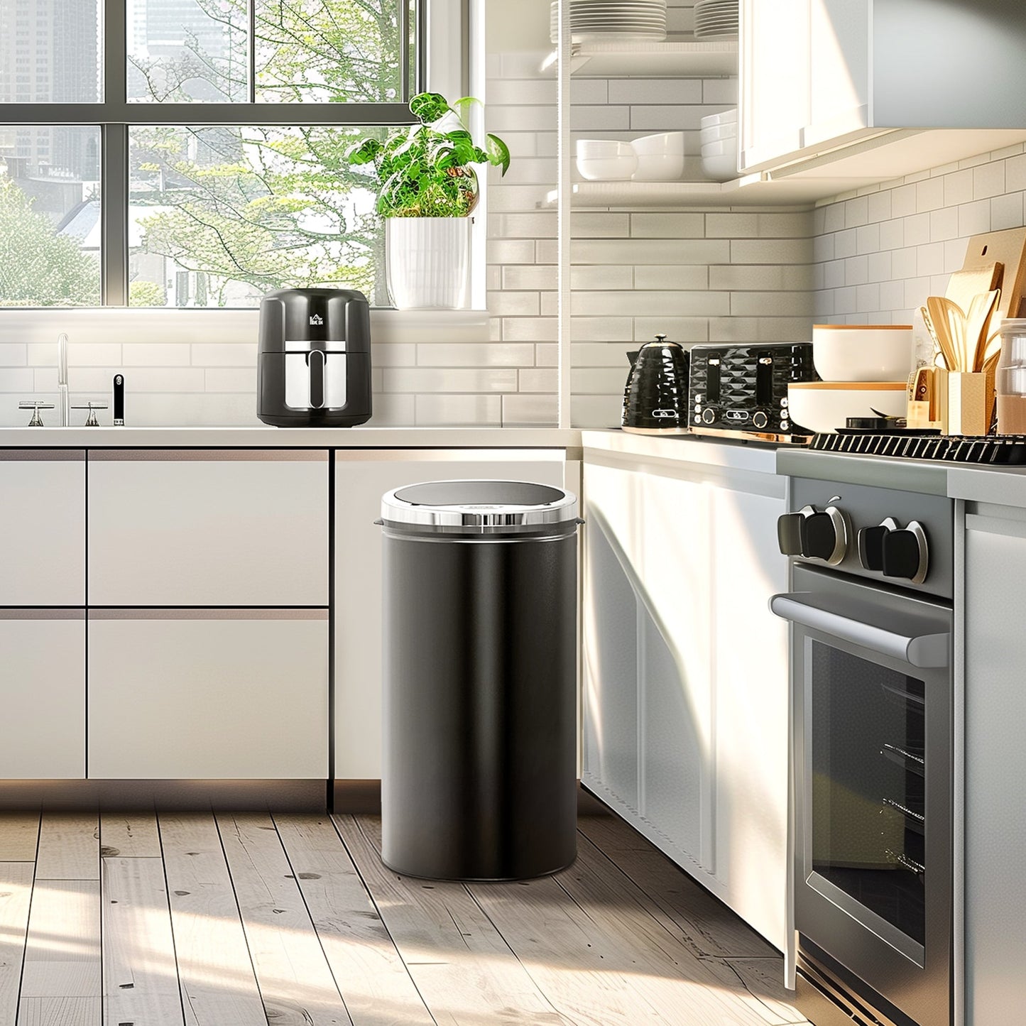 HOMCOM 42L Sensor Bin for Kitchen Waste Automatic Dustbin Motion Detection Dustbin  Stainless Steel Rubbish Can with Bucket, Black