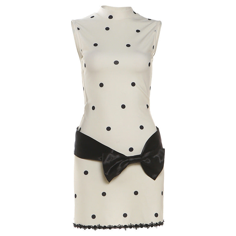 Round-neck Sleeveless Waist-cinching Contrast-color Printed Dress