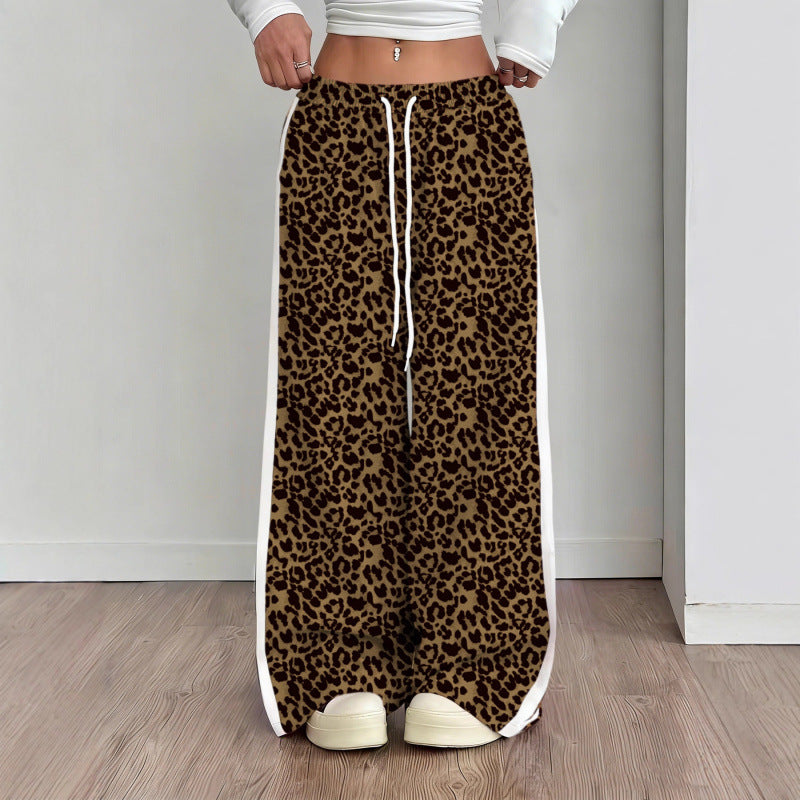 Stylish Leopard-print Patchwork Wide-leg Pants With A Relaxed Flowy Fit