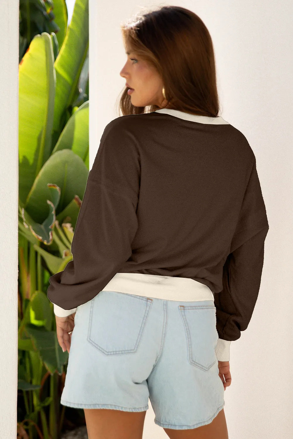 Coffee Raw Edge Flower Patch Drop Shoulder Casual Top