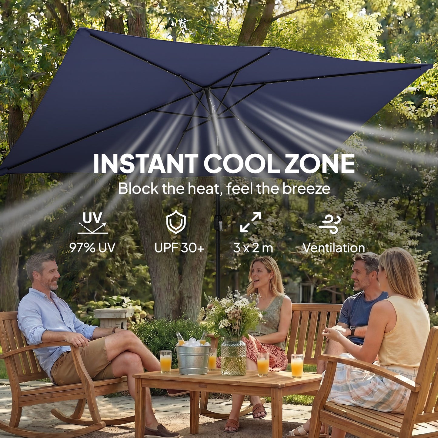 Outsunny 3 x 2 m Garden Parasol Umbrella with LED Solar Light, Parasol Cover, Outdoor Market Patio Umbrella, Navy Blue