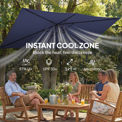 Outsunny 3 x 2 m Garden Parasol Umbrella with LED Solar Light, Parasol Cover, Outdoor Market Patio Umbrella, Navy Blue