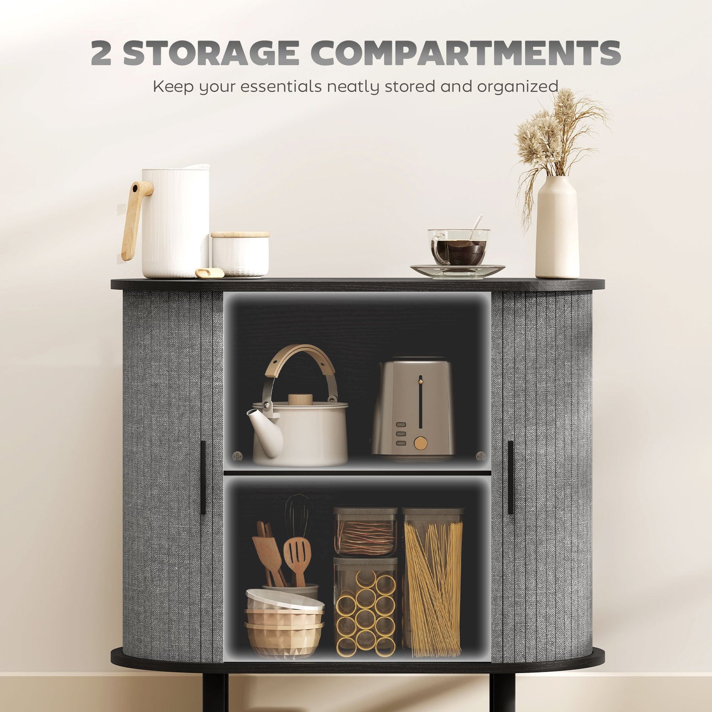 HOMCOM Tambour Sideboard with Fluted Sliding Doors, Modern Kitchen Cupboard with Storage Shelves and Wooden Legs, Grey