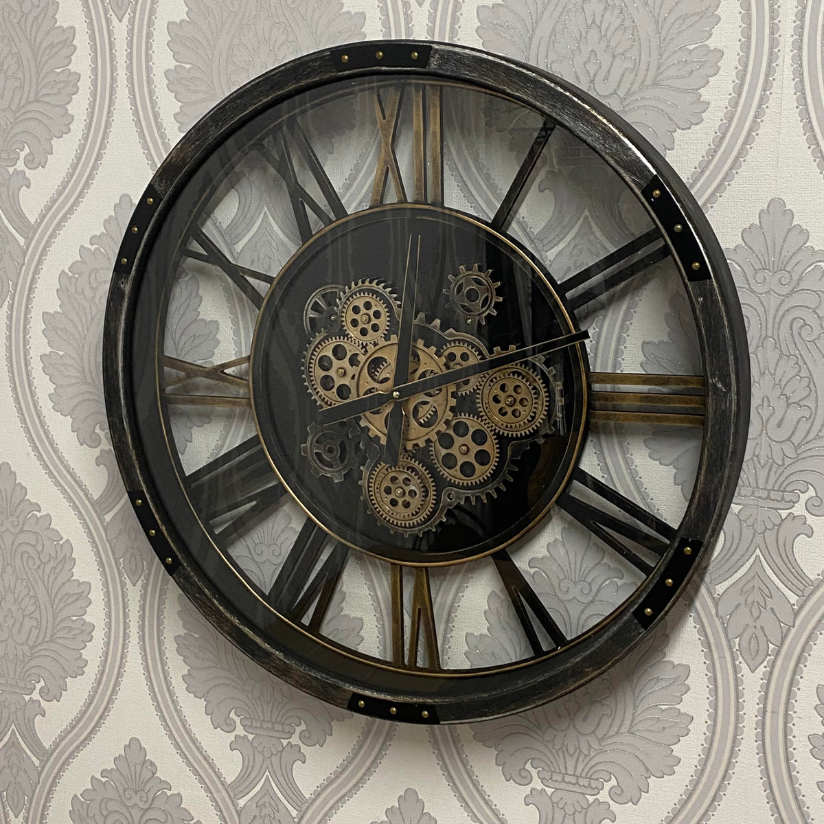 AcaciaHome Stylish & Decorative Industrial with Roman Numerals Round Wall Clock - Modern Design, Moving Gears, Battery-Operated Quartz Movement Timepiece for Living Room & Home (Black & Grey 68cm)