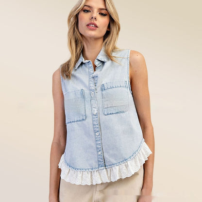 Patchwork Denim Sleeveless Shirt
