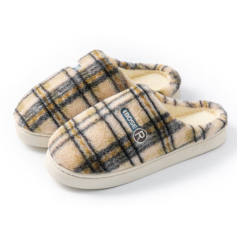 Women's Home Plush Warm Non-slip Plaid Cotton Shoes