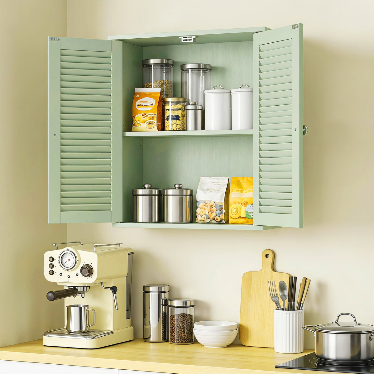 HOMCOM Bathroom Cabinet, Bathroom Wall Cabinet with Louvered Doors and Adjustable Shelf Storage for Kitchen, Light Green