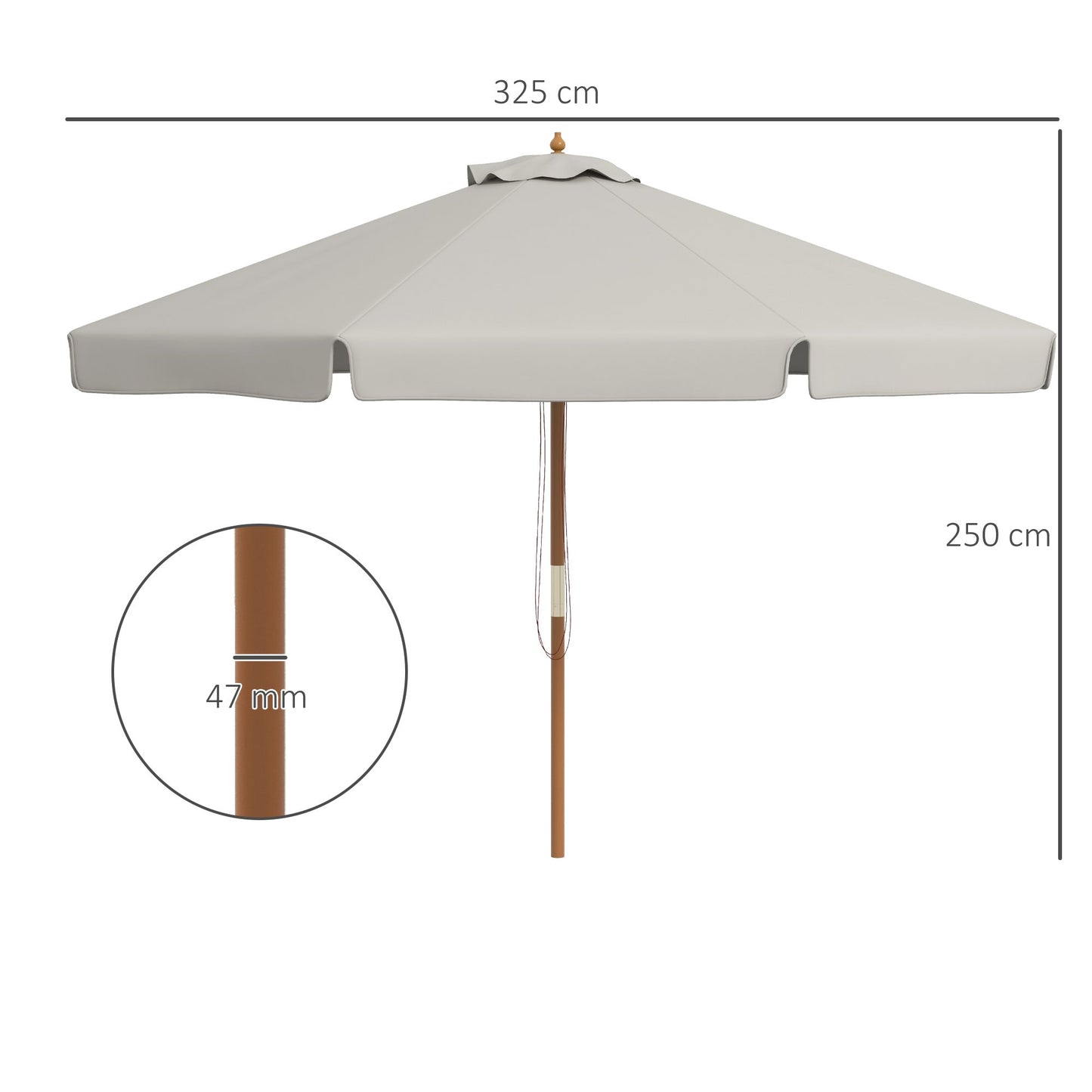 Outsunny 3.3(m) Garden Parasol Umbrella, Outdoor Sun Shade Canopy with 8 Bamboo Ribs, Ruffles and Wood Pole, Grey