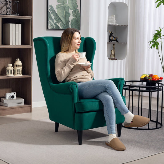 HOMCOM Modern Accent Chair, Upholstered Wingback Armchair with High Backrest and Pillow, Velvet-Feel Fabric Reading Chair with Solid Wood Legs for Living Room, Bedroom, Home Office, Dark Green