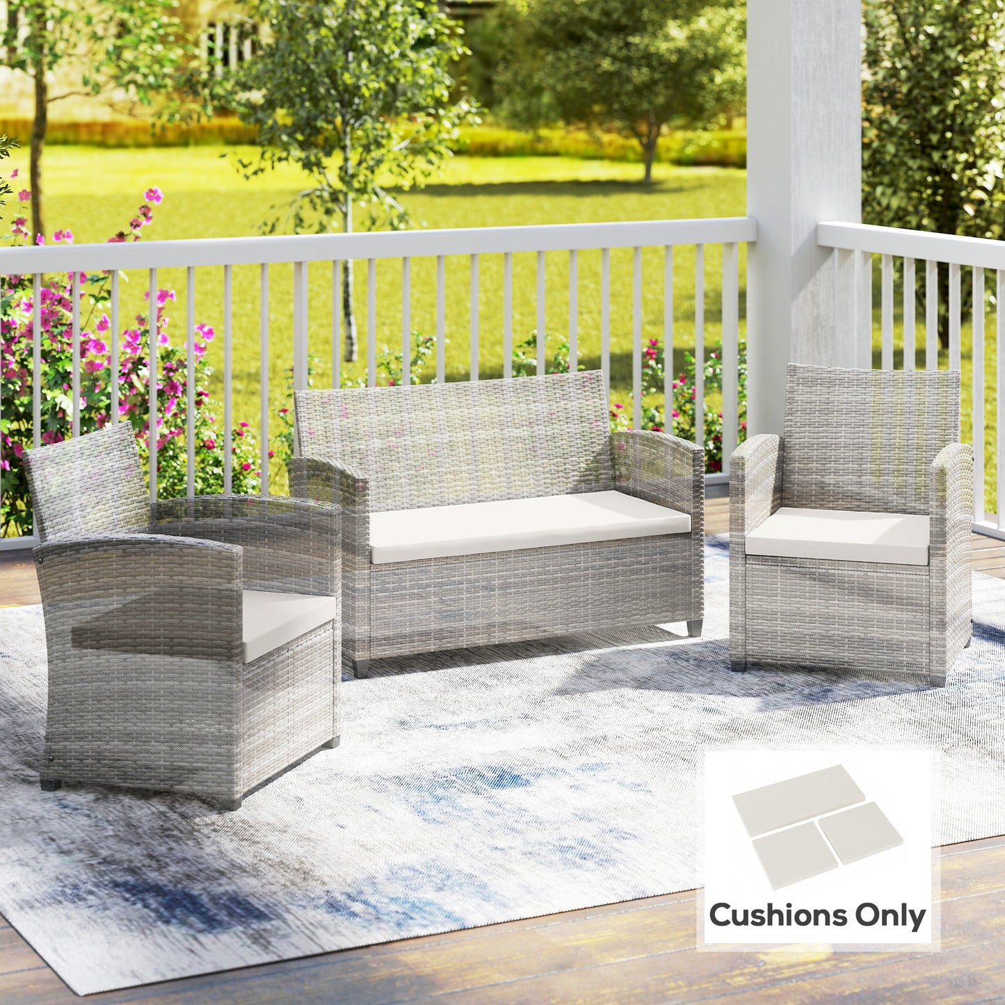 Outsunny Outdoor Seat Cushion Pads for Rattan Furniture, 3 PCs Garden Furniture Cushions, Cream White